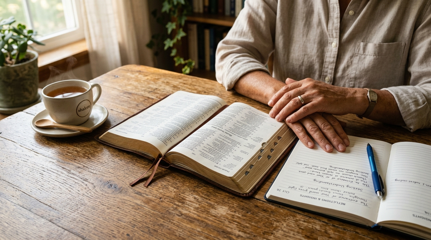 Pessoa estudando a Bíblia Sagrada com caderno e luz natural de paz