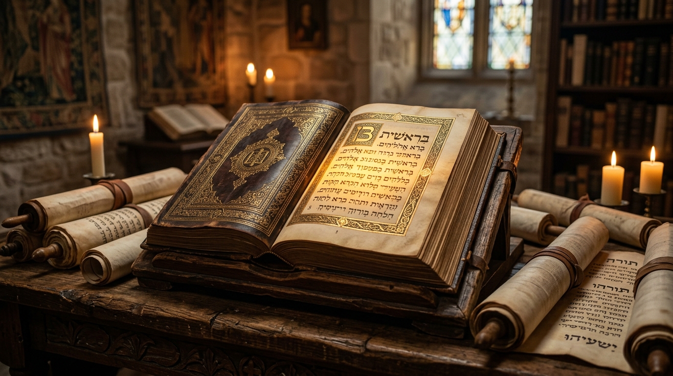 Antigo Testamento em pergaminho sagrado e Bíblia aberta